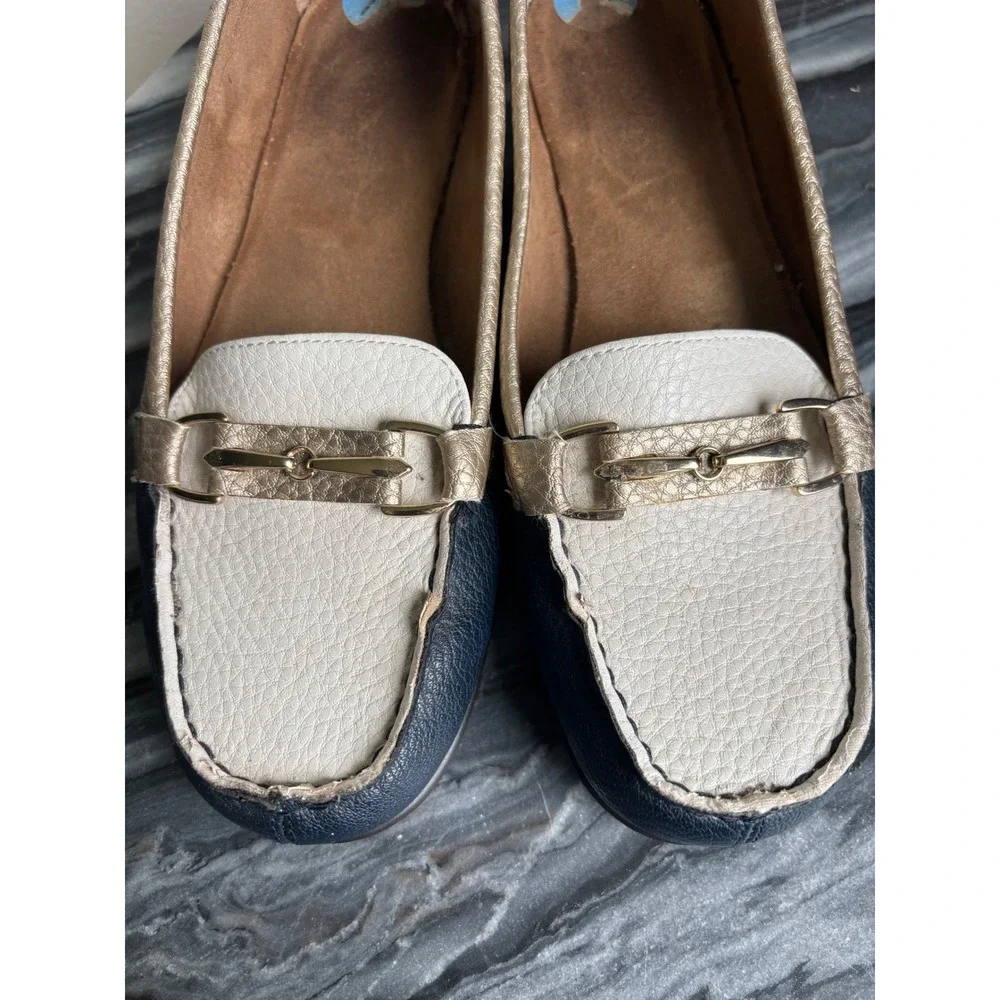 Aerosoles Manuscript Navy‎ Cream Gold Horsebit Loafers Shoes Womens 7.5 M
